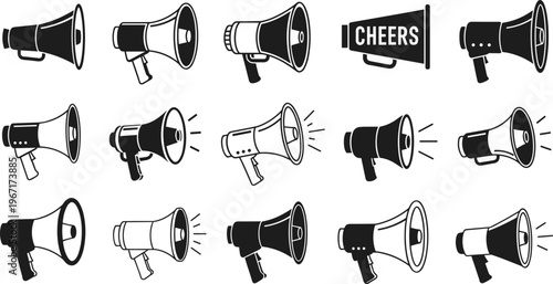Set of fifteen black and white vector megaphone icons, bullhorn illustrations for announcements, marketing, public communication, and loud alert broadcasts.