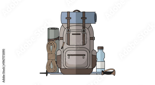 A vector graphic illustration of a hiking backpack with camping gear and accessories