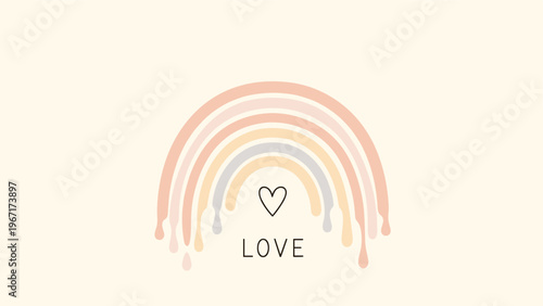 Artistic drip rainbow in muted pastel colors featuring a small heart and the word love centered underneath it.