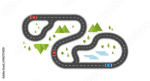 A winding road vector illustration with cars and trees for travel and transportation concepts