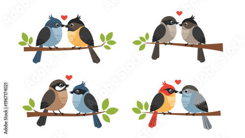 Romantic set of four pairs of various small birds perched on leafy branches with a red heart between each pair.