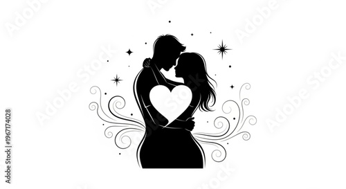 Loving couple silhouette kissing with heart shaped embrace and sparkles