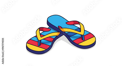 A colorful illustration of a pair of flip flops with striped soles and vibrant straps