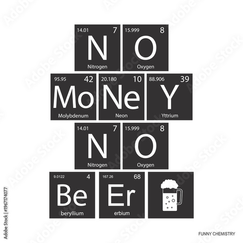 Periodic table elements creatively arranged to spell out the phrase - No Money No Beer accompanied by beer mug icon. It is humorous chemistry-themed concept. Funny chemistry.
