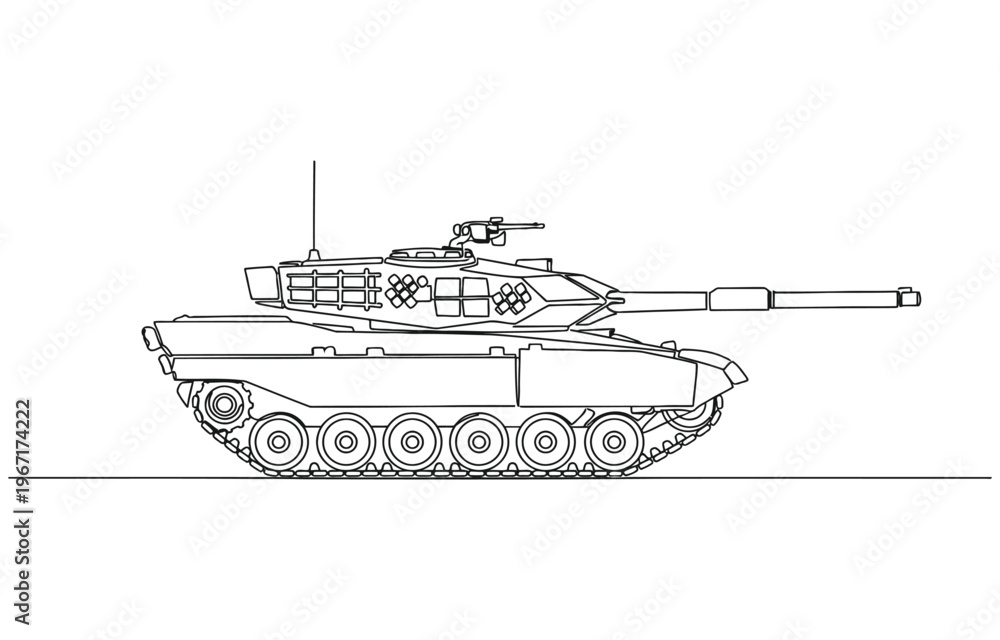 Obraz premium Military tank in continuous one line drawing.