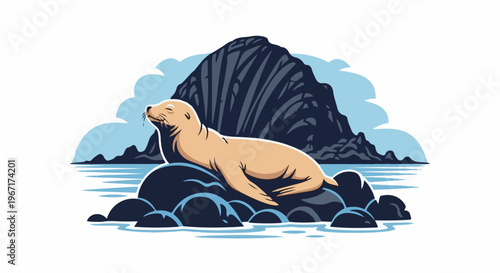 Seal rests on rocks by the sea with a large cliff behind