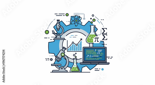 Scientific research and development montage with gear, microscopes, flasks, and data