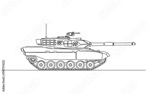 Military tank in continuous one line drawing.