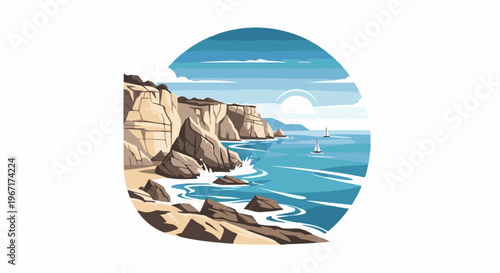 Rocky coastline with crashing waves, sailboats on the blue sea, and sun
