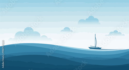 Serene blue ocean waves with a solitary sailboat under a cloudy sky