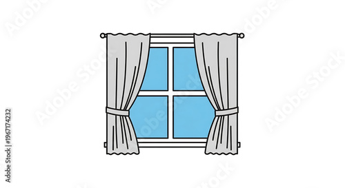 A minimalist vector graphic illustration of a window with open curtains