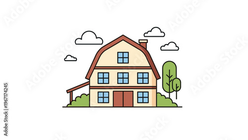 Charming barn-style house with multiple windows, a large door, and a brown roof surrounded by green trees and clouds.