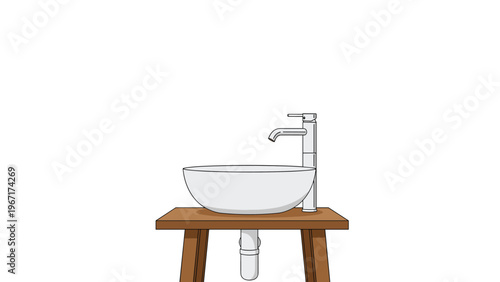 Clean and modern bathroom sink with a chrome faucet sitting on a simple dark wooden table stand against a white background.