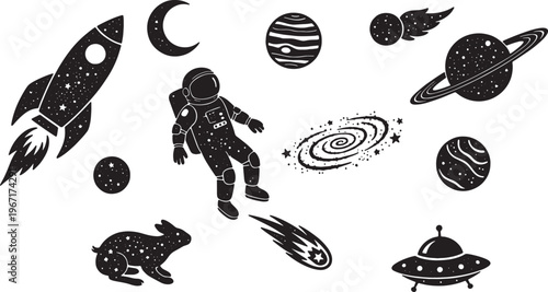 Astronaut floats in space with planets and stars and rocket ship