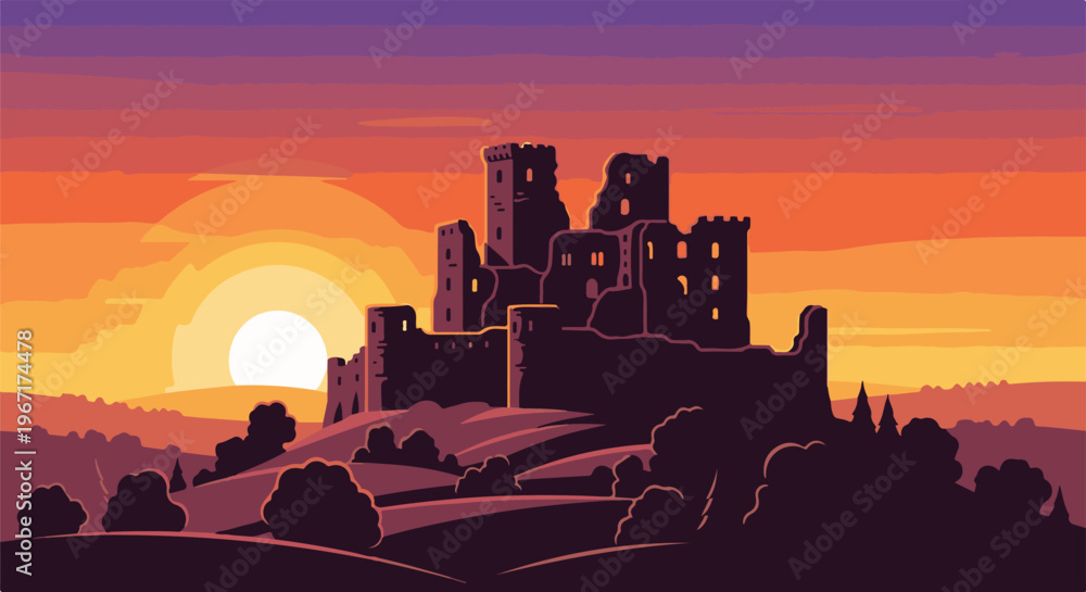 Obraz premium Ruined castle silhouetted against a vibrant pixel art sunset over rolling hills