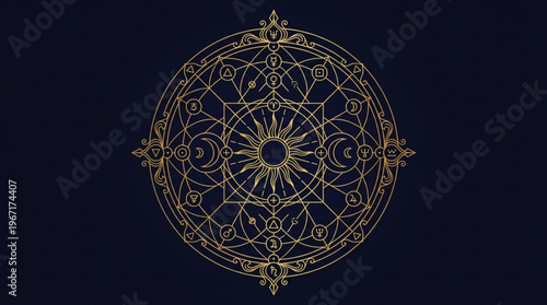 Golden Astrology Wheel Mandala with Mystical Zodiac and Planetary Icons