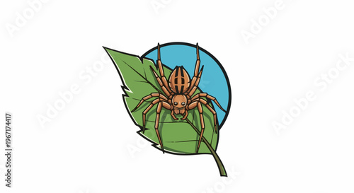 Cartoon brown spider with black stripes sits on a green leaf, blue circle backdrop