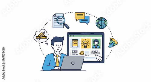 Person studying remotely with laptop, online guides, tips, and chat