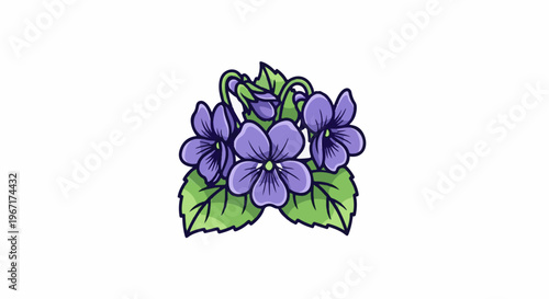 Bunch of purple violets with green leaves, cartoon style