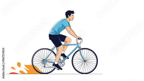 Dynamic illustration of a male cyclist riding a blue bicycle with orange speed lines at the bottom, conveying a sense of fast movement and energy.
