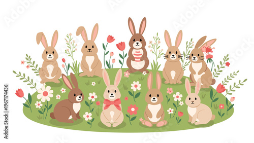 Delightful spring scene featuring a group of cute rabbits sitting in a lush green meadow filled with blooming red and white wildflowers.