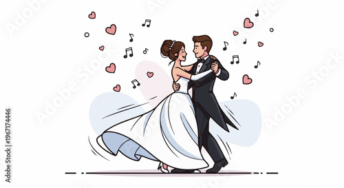 Bride and groom in formal attire elegantly dancing together