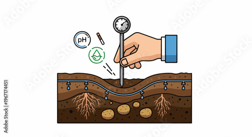 Hand testing soil with a meter, showing irrigation system and root structure