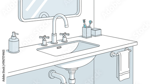 Contemporary bathroom vanity featuring a modern sink, sleek faucet, soap dispenser, and mirror rendered in a clean and stylish line art illustration.
