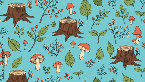 Whimsical seamless pattern for autumn with forest elements like weathered tree stumps, tiny mushrooms, red berries, and green leaves on teal.