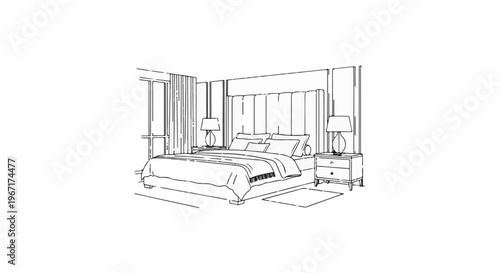 Sketch of a plush bedroom with a large headboard, bedside tables, and lamps