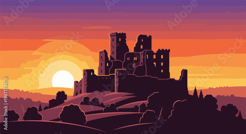 Ruined castle silhouetted against a vibrant pixel art sunset over rolling hills