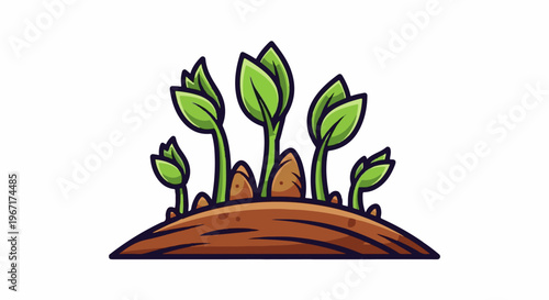 Cartoon illustration of seedlings sprouting from rich brown soil