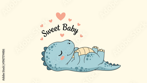 Sweet baby dinosaur character sleeping peacefully on its back surrounded by small pink hearts and the words sweet baby on a cream background.