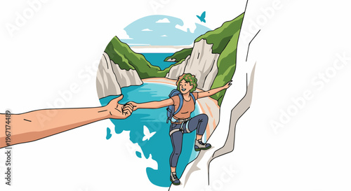 Climber reaches out hand to companion, surrounded by scenic coastal cliffs and ocean