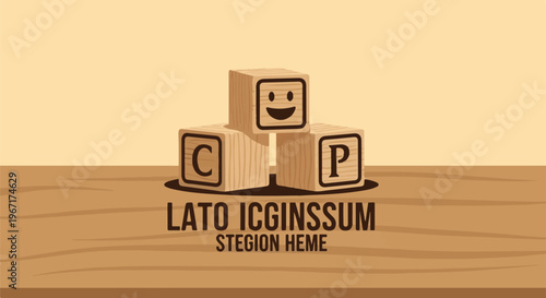 Stacked wooden blocks with letters and a smiley face sit on a wooden surface