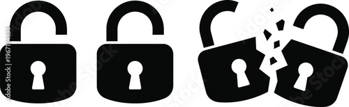Broken padlock security icons with three black padlock icons arranged in a row