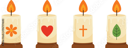 Decorative candle illustration set featuring burning wax candles with floral, heart, cross and leaf symbols for spiritual, romantic and nature themed designs