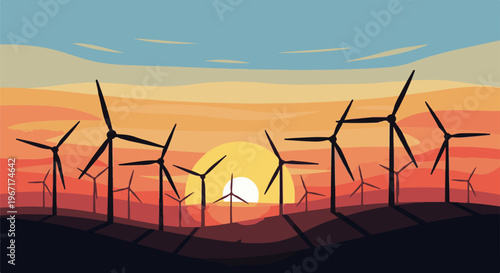 Silhouette of numerous wind turbines against a vibrant sunset sky