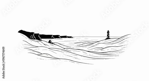 Stylized coastline with rolling waves and a distant lighthouse