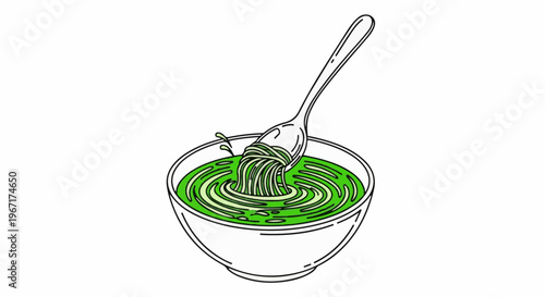 Spoon twirls noodles in a bowl of bright green liquid, splashing slightly