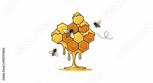 Cartoon bees buzzing around dripping honeycomb with golden honey