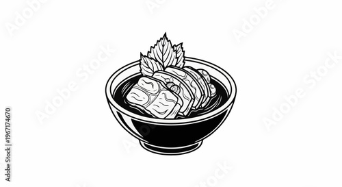 Black and white illustration of sliced food in a bowl with garnish