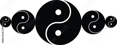 Yin yang symbols arrangement with a symmetrical arrangement of multiple black yin