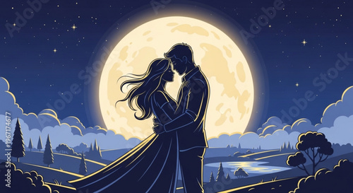 Romantic couple embracing under full moonlight with scenic landscape background at night