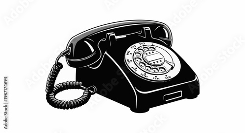 Black retro rotary dial telephone with coiled cord, isolated on white
