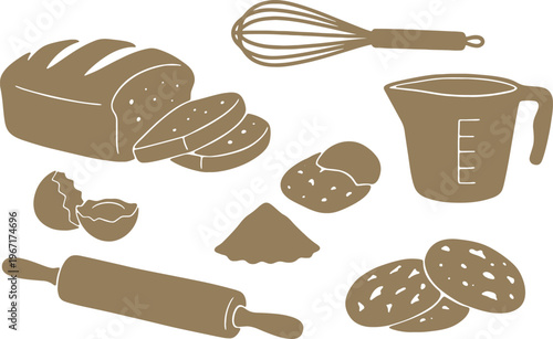 baking icons with bread rolls and utensils