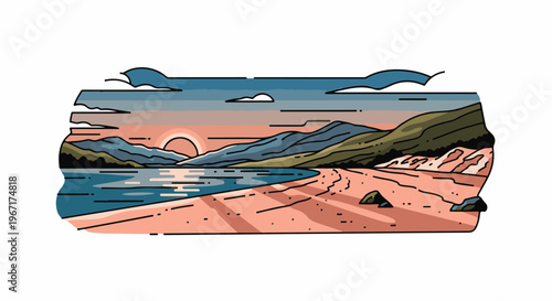 Stylized coastal scene with gentle waves lapping a sandy beach at sunset