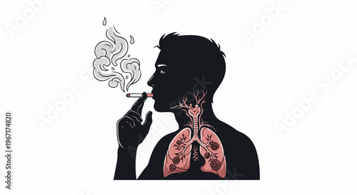 Silhouette of a person smoking, showing damaged lungs