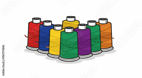 Assortment of colorful thread spools arranged in a staggered row