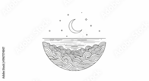Stylized crescent moon and stars over wavy ocean depicted in minimalist linework